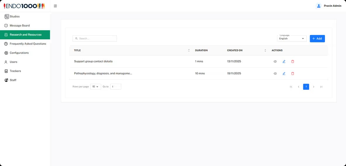 ENDO1000 admin panel showing list of studies with enrolment type, duration and status