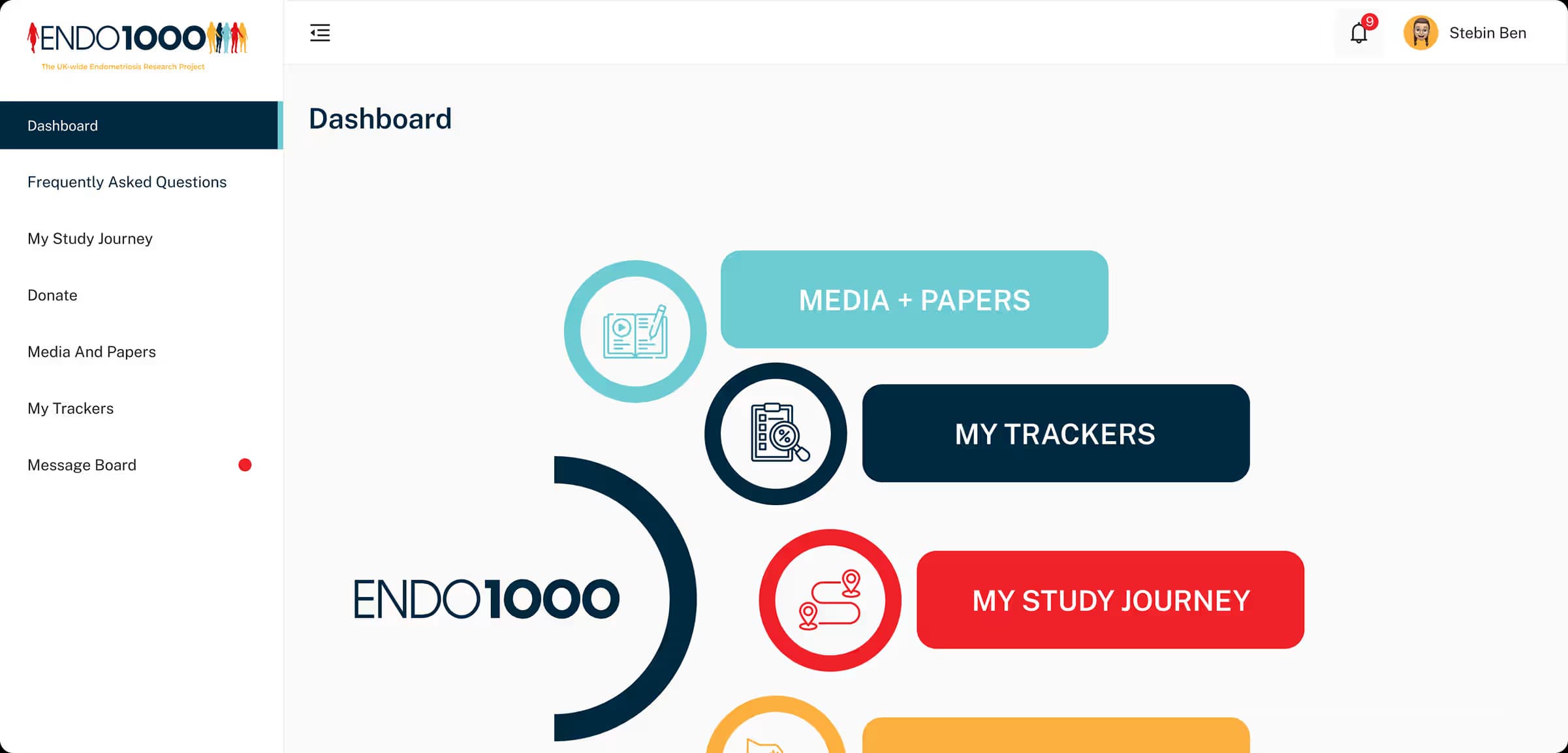 ENDO1000 web dashboard for research information, health tracking and study participation