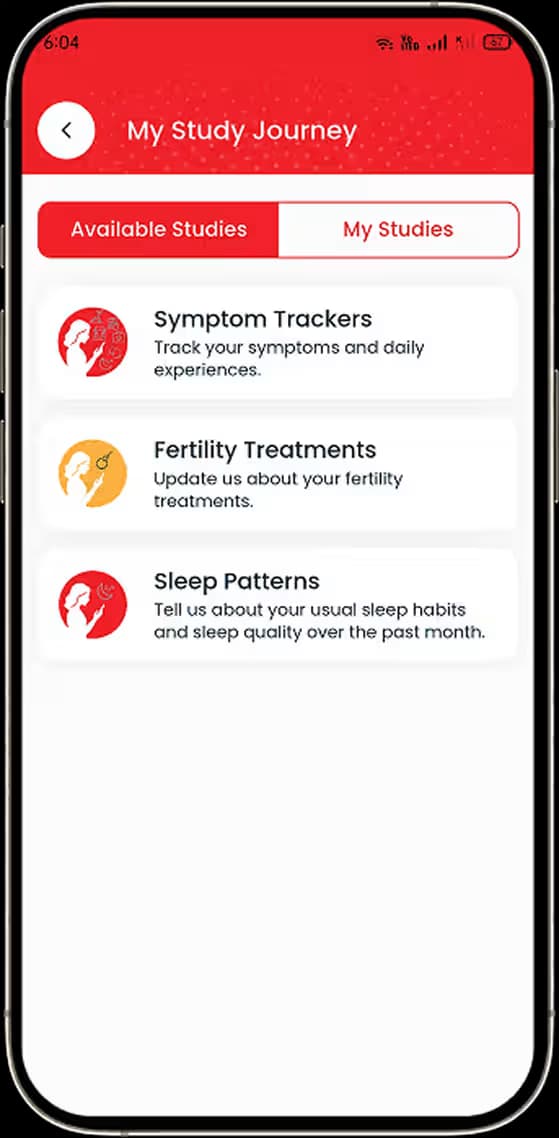 Research study discovery screen with available endometriosis studies