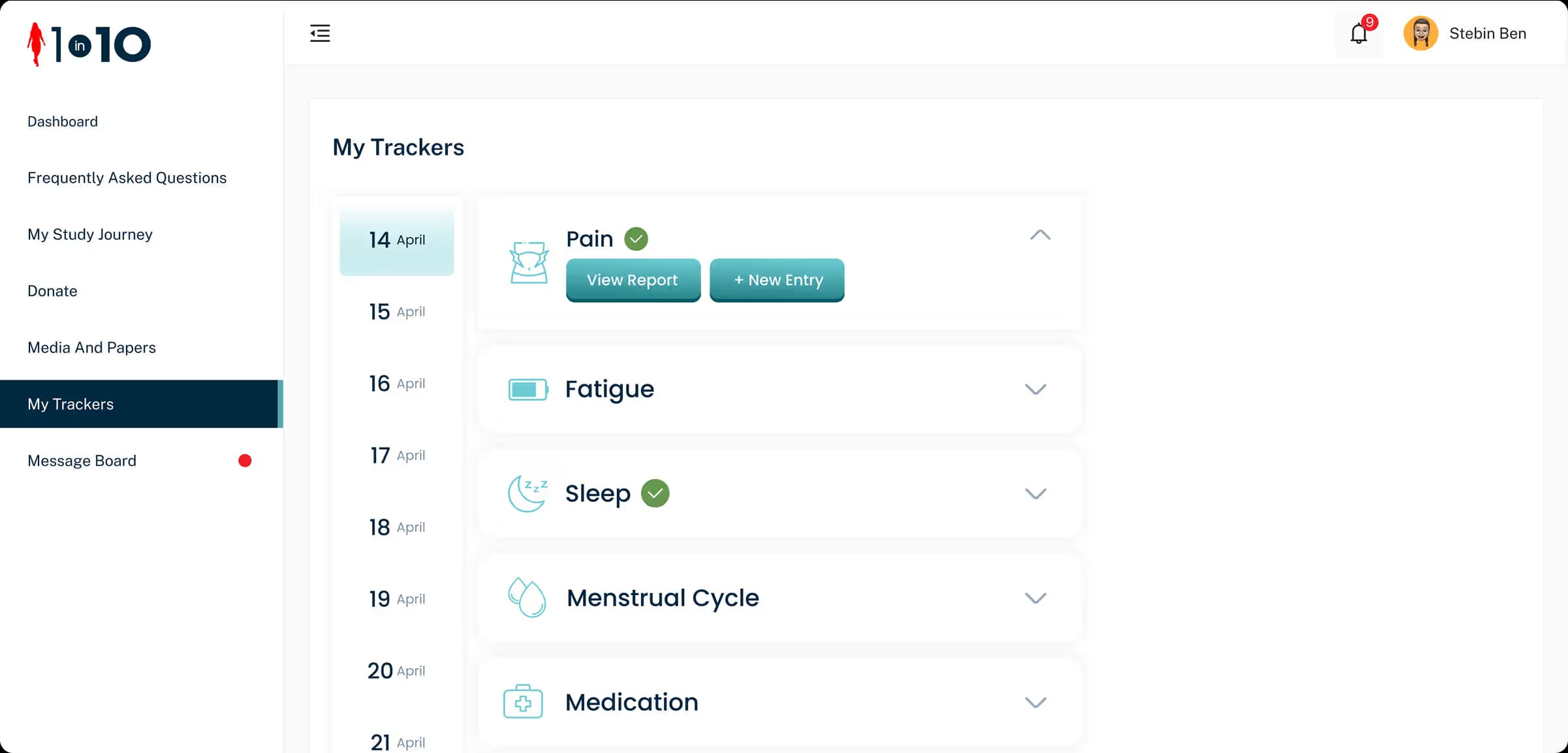 Web health tracker for recording pain, fatigue, sleep and medication
