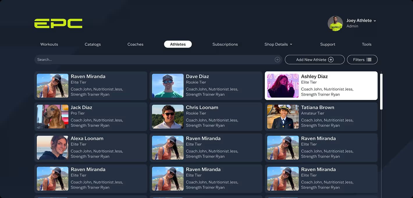 Admin panel for managing athletes profiles and activity