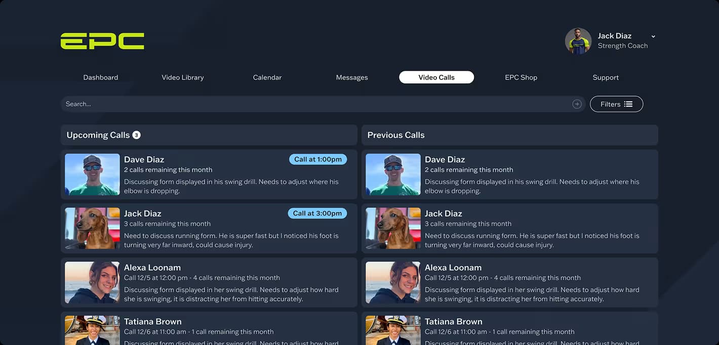 Admin panel for upcoming coaching sessions and call scheduling