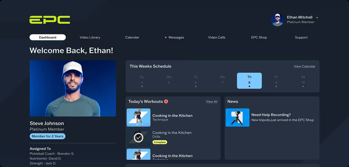 EPC coach web portal for managing athletes and training programs