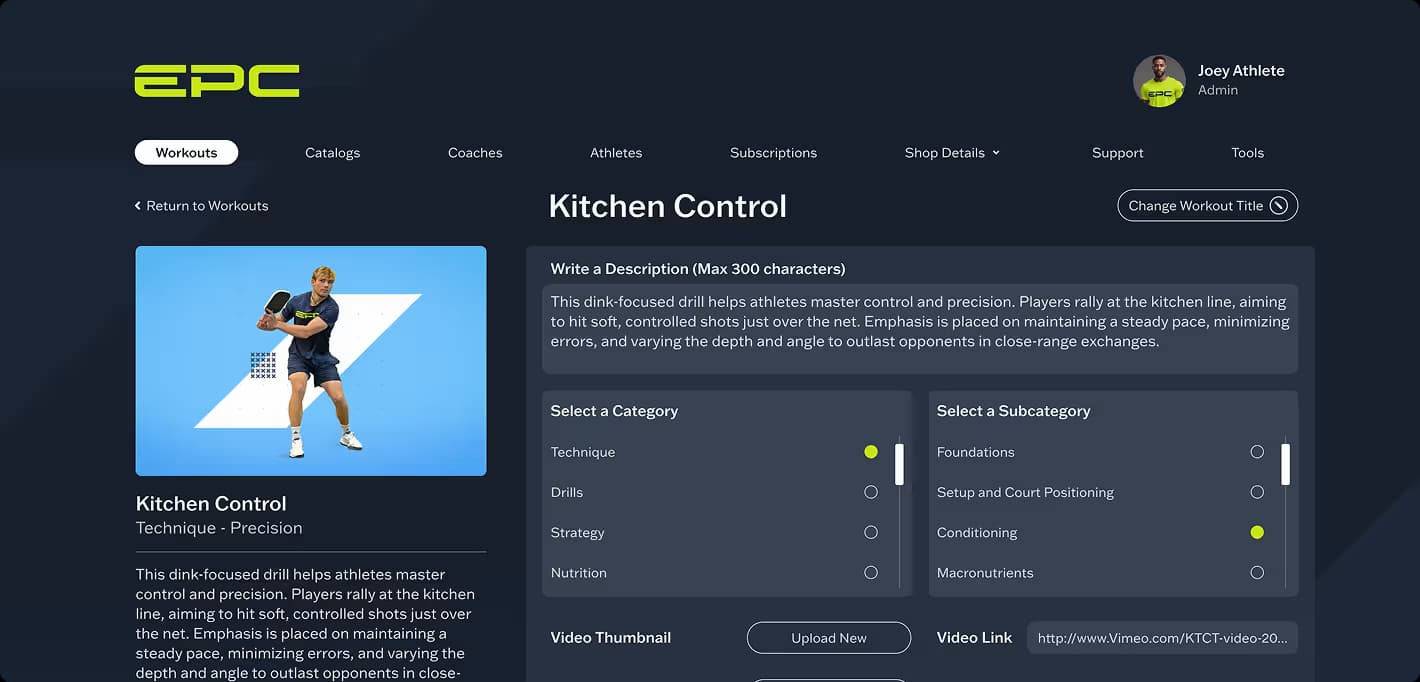 Admin panel for managing workouts and training programs