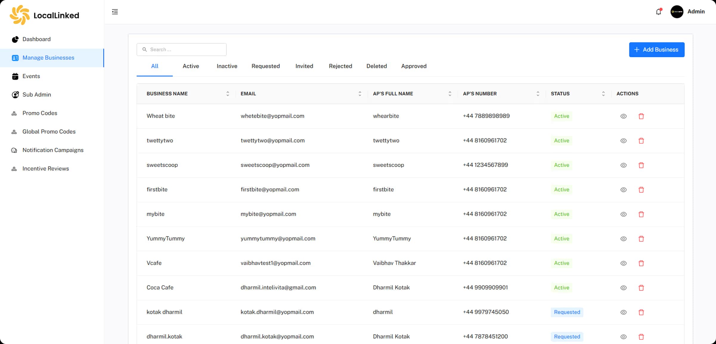 Business account management showing active, requested and approved businesses