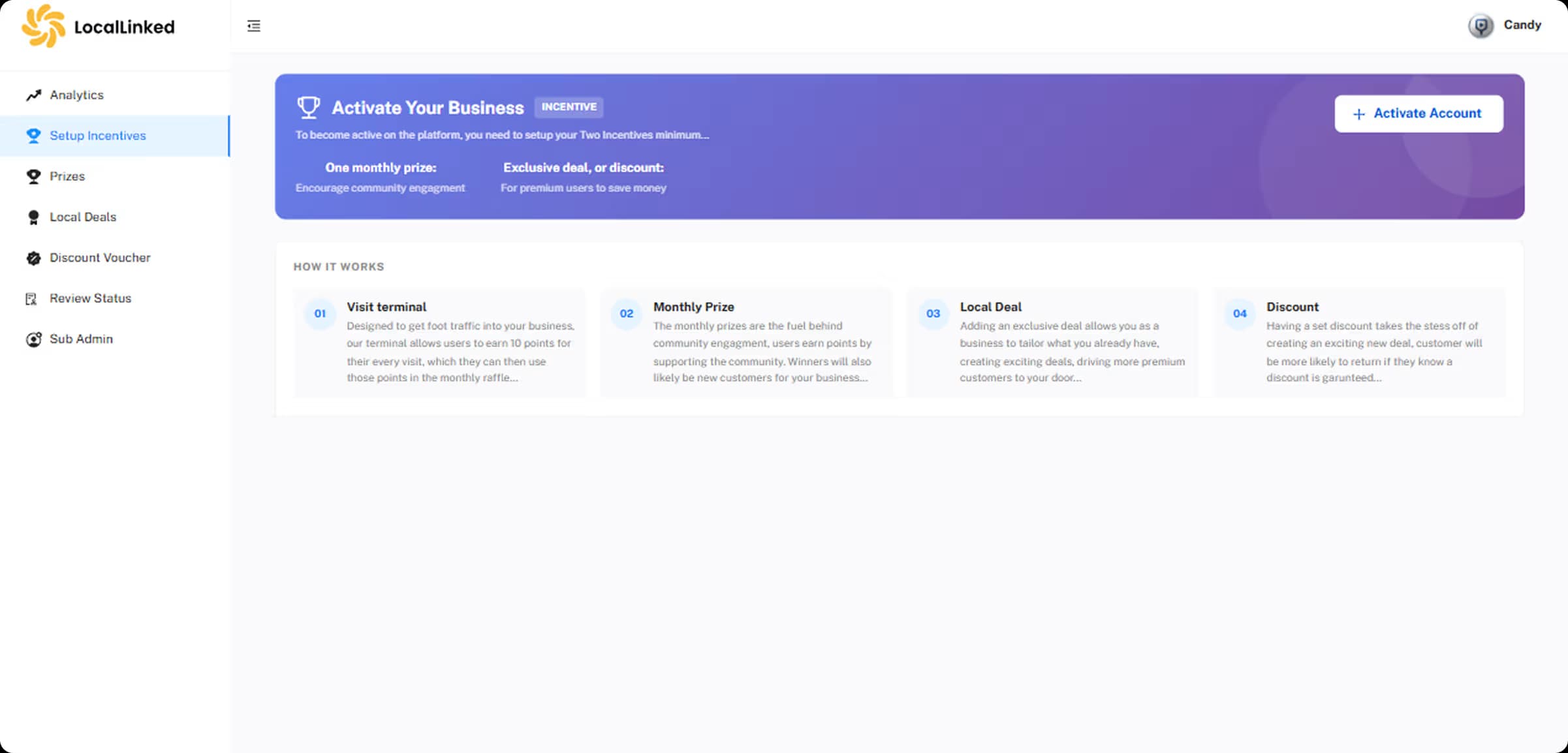 Business incentive setup for monthly prizes, local deals and discount rewards