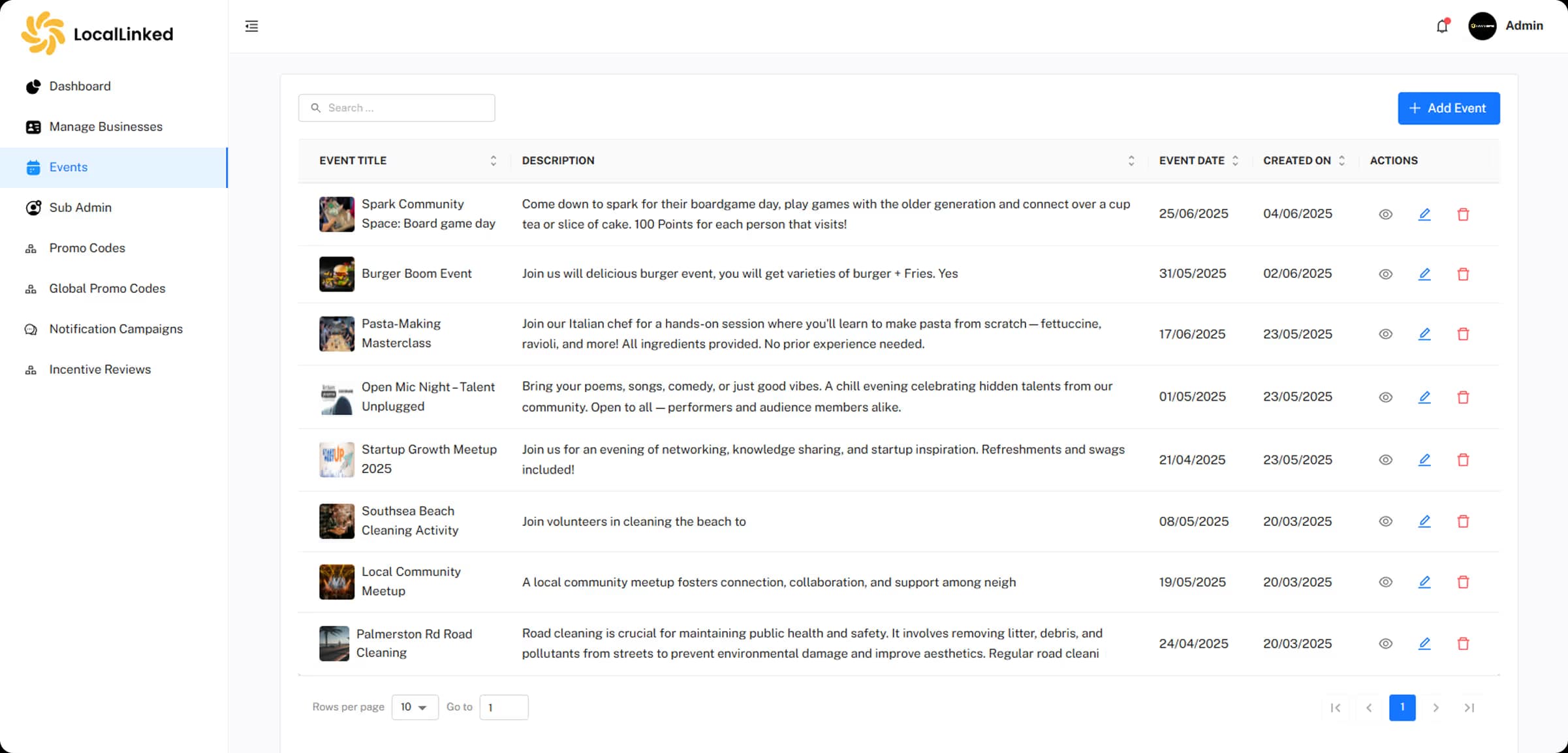 Community event management panel showing event listings, dates and management actions