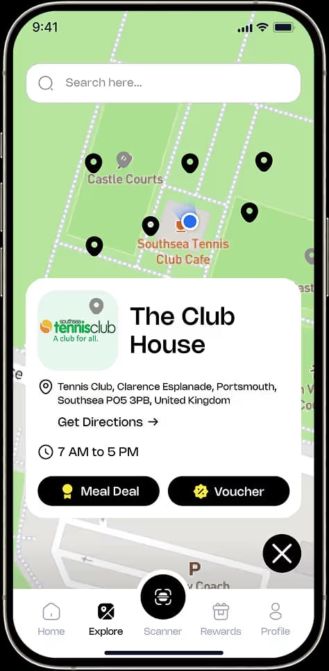Map showing nearby participating businesses, meal deals and vouchers
