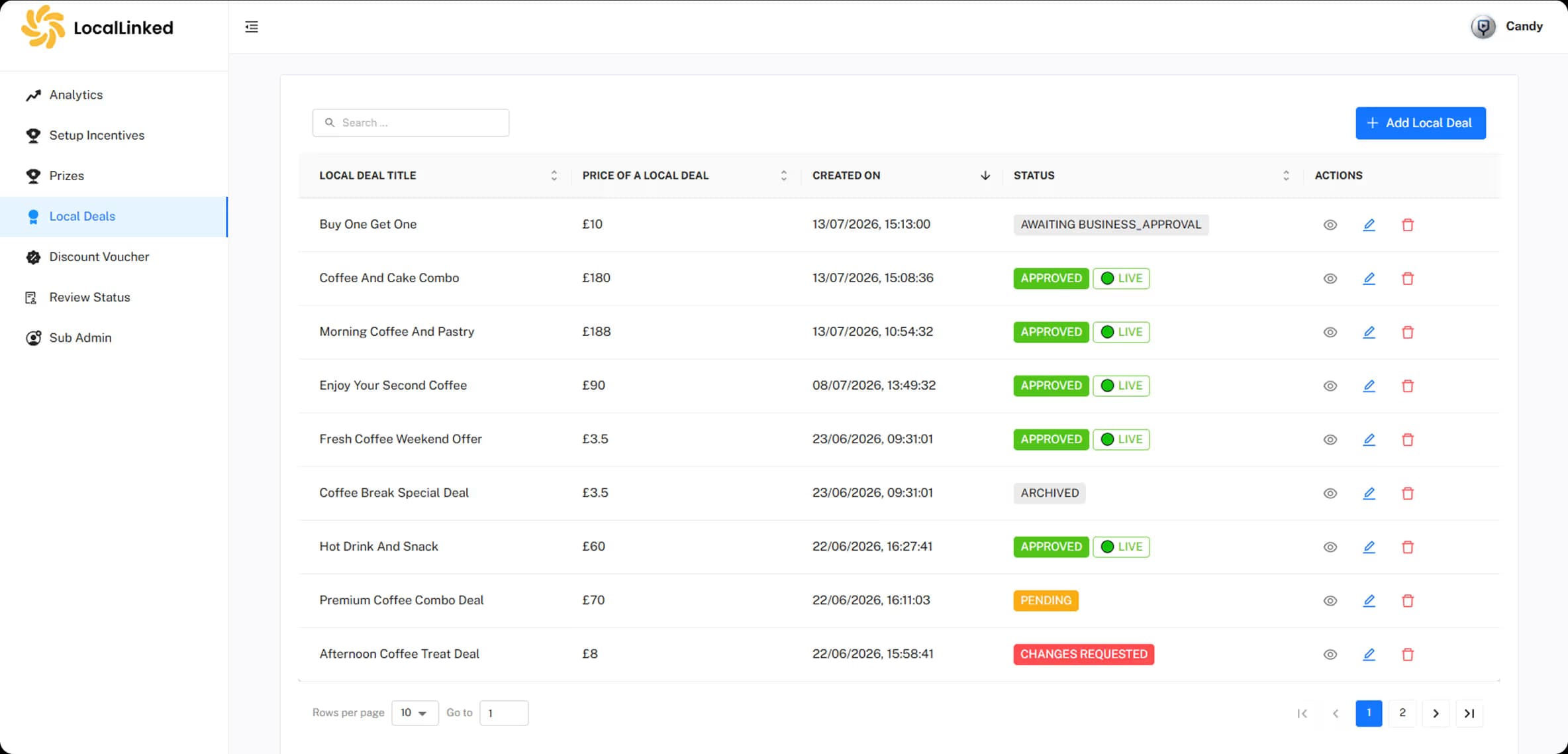 Local deals management showing offer prices and approval status