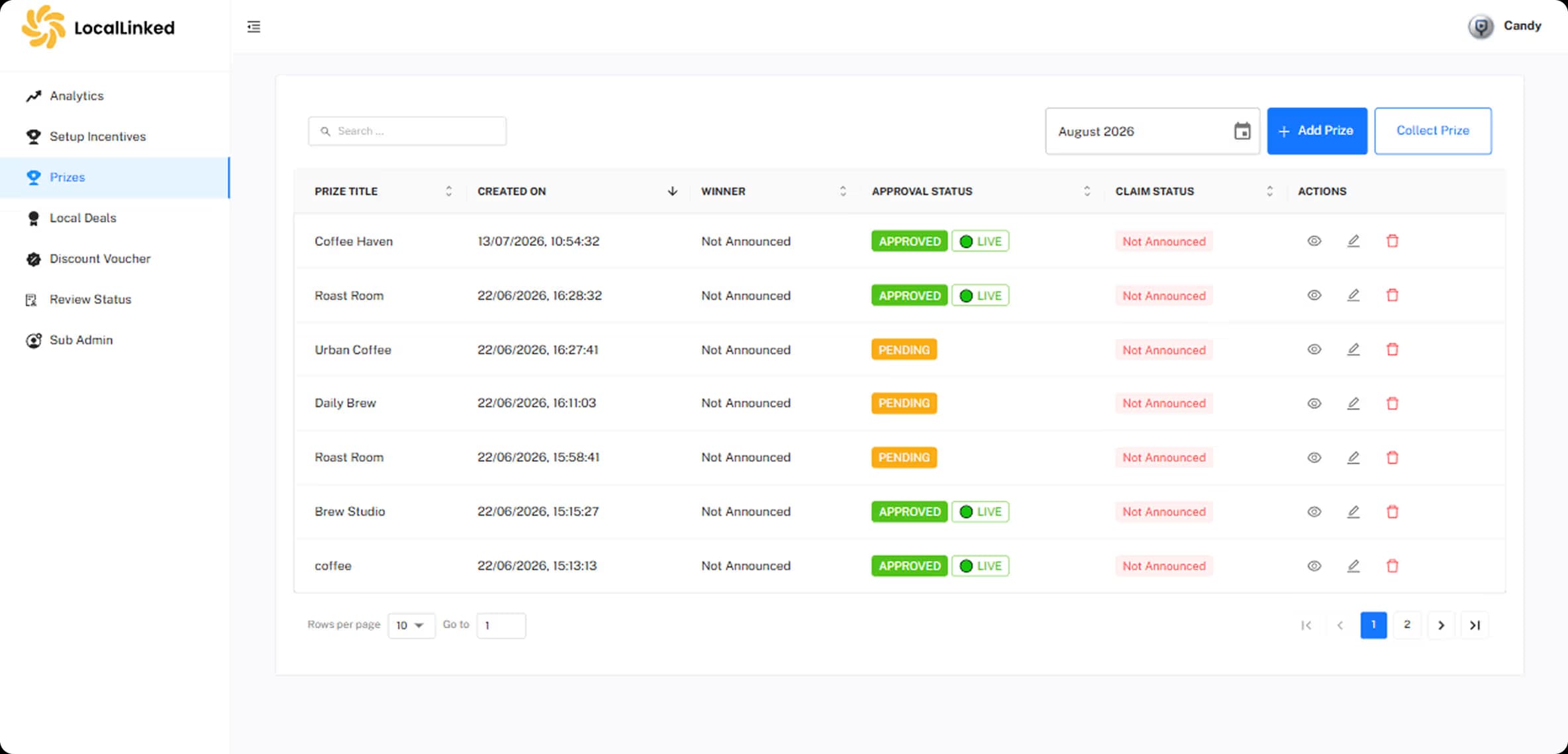 Monthly prize management showing approval, winner and claim status