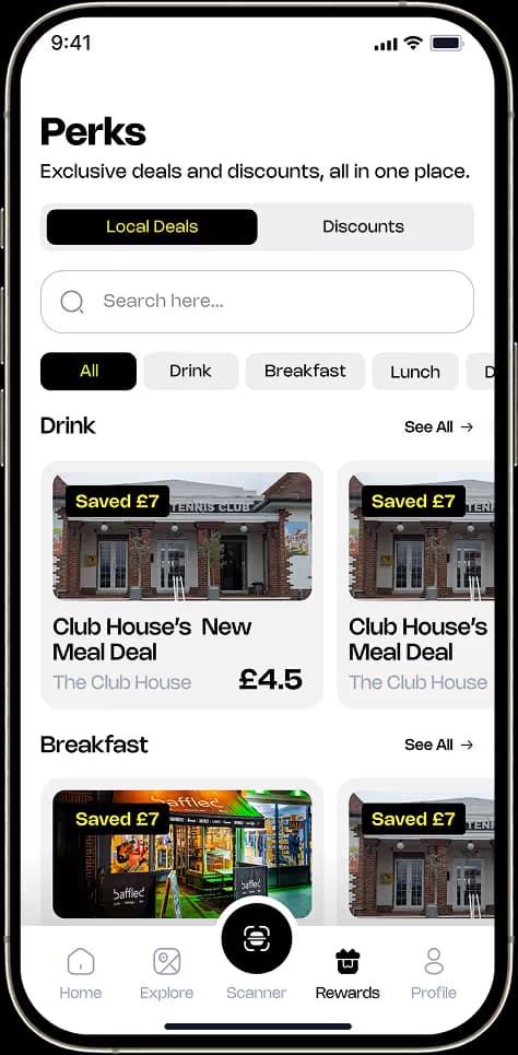 Student perks screen showing local meal deals, discounts and savings