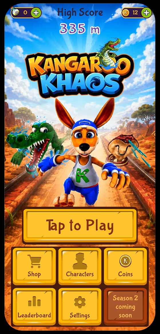 Endless runner gameplay screen with kangaroo dodging obstacles