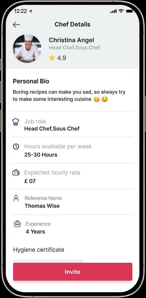 Chef hiring profile with professional experience, certificates, references and ratings