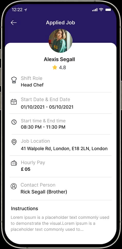 Chef job app showing an applied hospitality role with shift dates, location and hourly pay