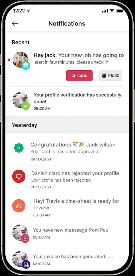 Chef job messages and notifications for applications, offers and work updates