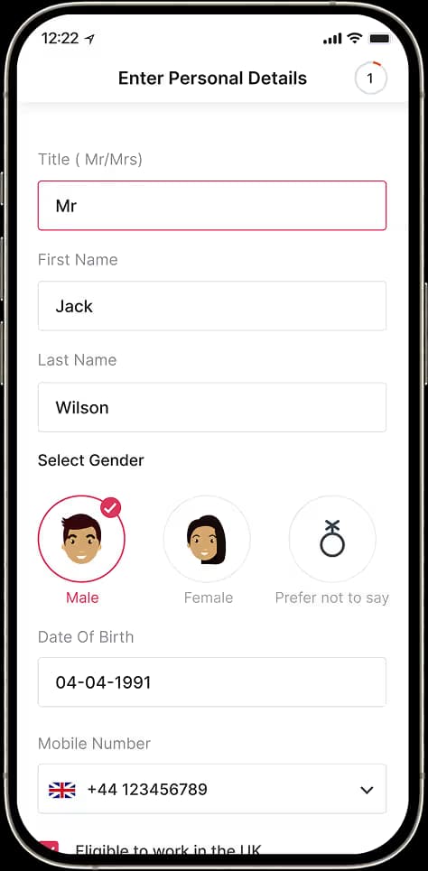 Chef onboarding app form for entering personal and contact details