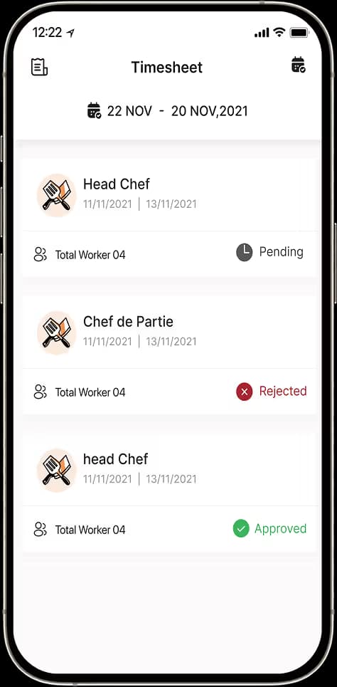 Staffing timesheet with chef working hours, rates and shift approval status