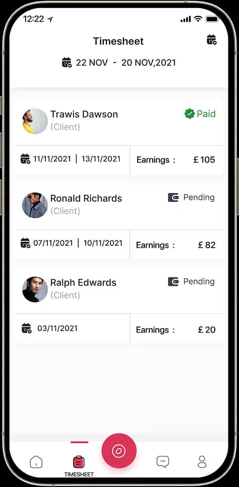 Chef work timesheet with completed hours, rates, total pay and approval status