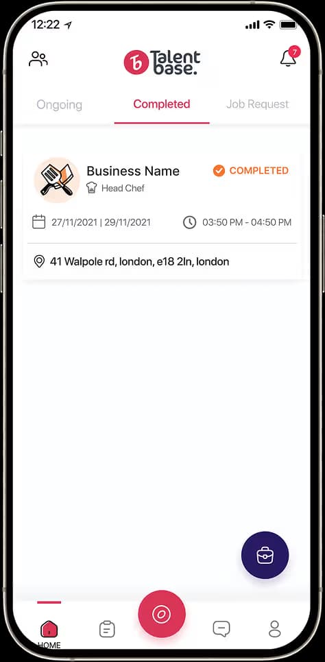Hospitality staffing app showing a completed chef shift with location and working hours