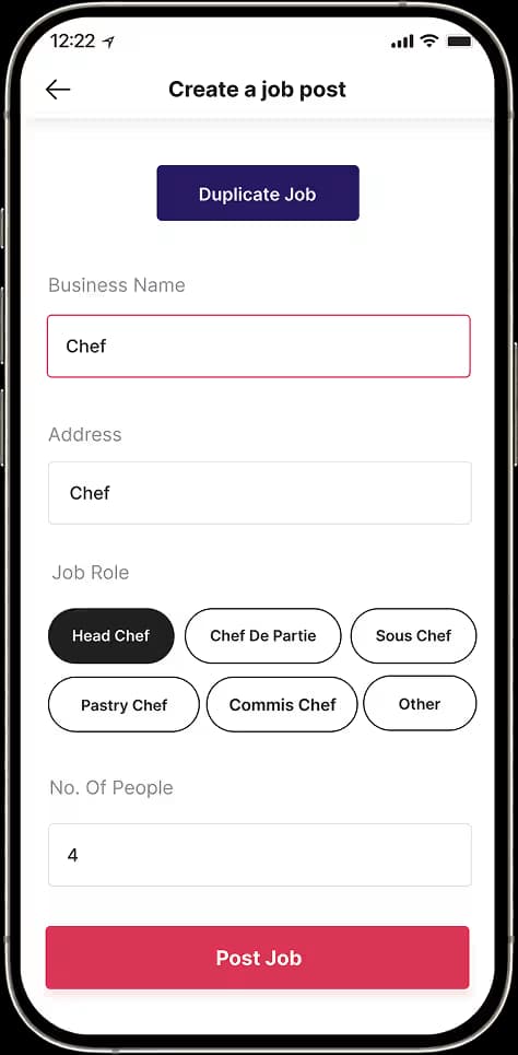 Hospitality staffing job form for defining chef roles, positions, rates and shift times