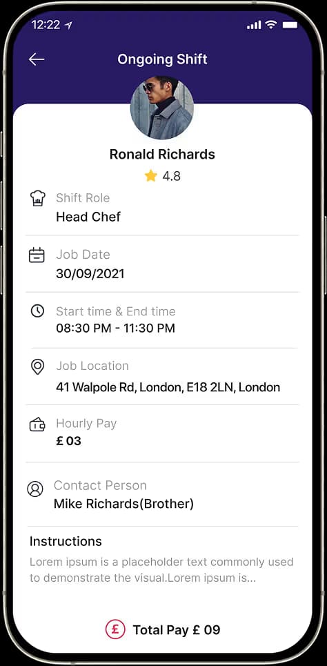 Chef staffing app showing an ongoing hospitality shift with role, location, hours and pay