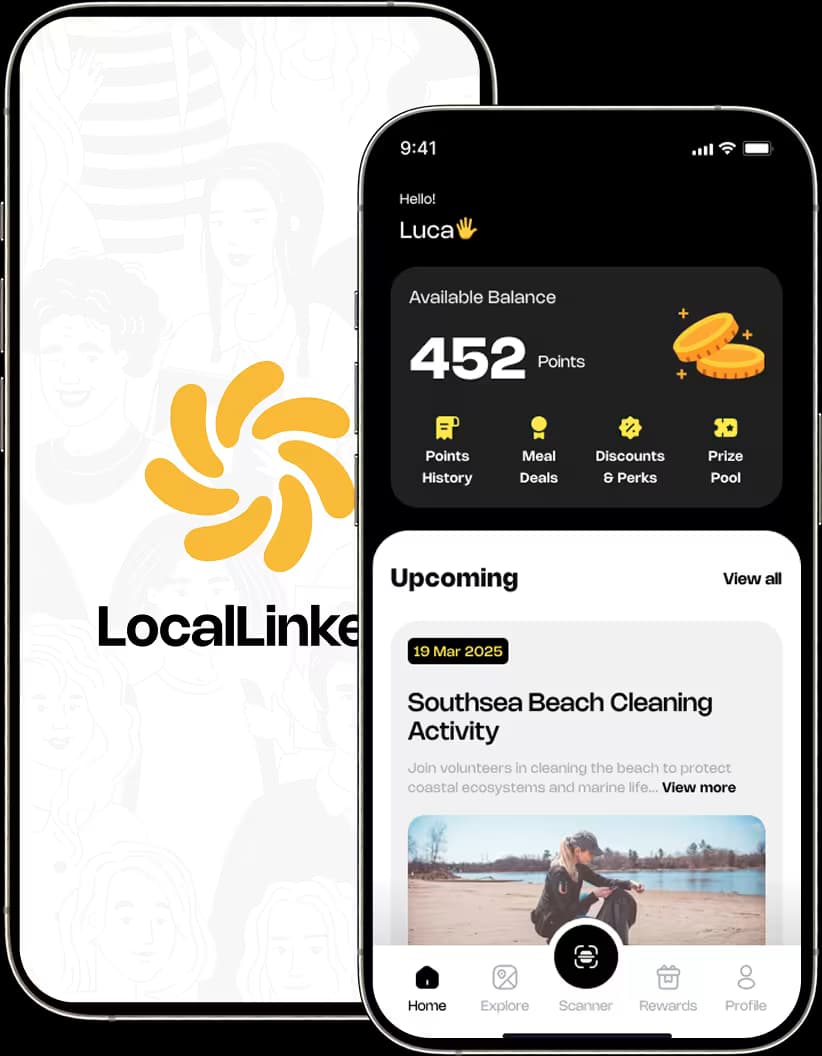 LocalLinked mobile app screens for student rewards discounts and giveaways