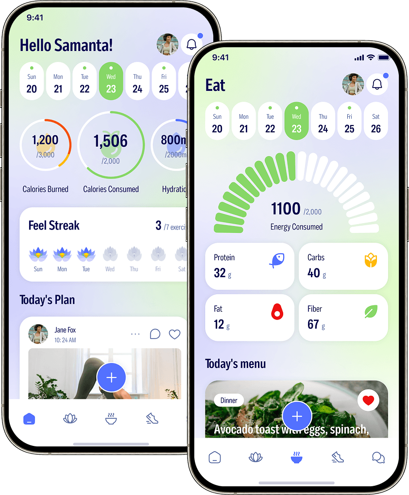 Satiate mobile app showing health tracking features and daily activity data