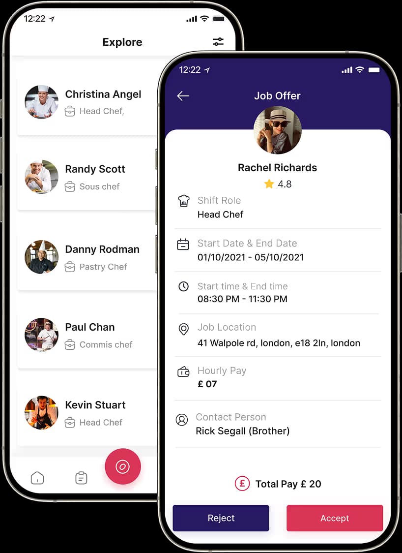 Chef staffing app for discovering hospitality professionals and reviewing job offers